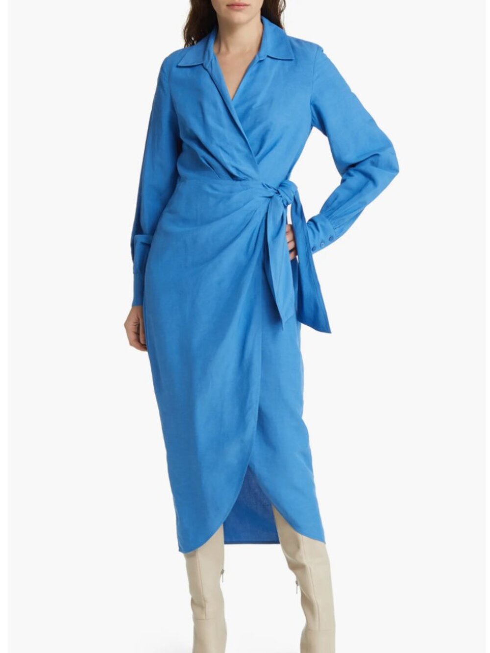 & Other Stories Blue Linen Blend Collared Wrap Midi Dress size 8, NWT